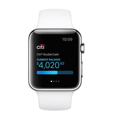CitiのApple Watchアプリには、ユーザーの利用限度額を示す色つきのバーが表示される。限度額の80％に達すると、バーがオレンジ色に変わる。