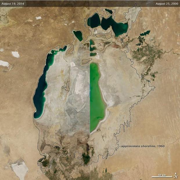 消えゆくアラル海

　中央アジアのアラル海は何十年も前から縮小を続けているが、NASAの「Terra」衛星は2014年に初めて、この広大な湖の東にある盆地の南側が完全に干上がっていることを観測した。

　緑色の（水深が浅い）水域が写っている右半分の画像は、2000年に撮影されたものだ。この盆地は今では完全に干上がってしまった。1960年当時の湖岸線も記入されている。
