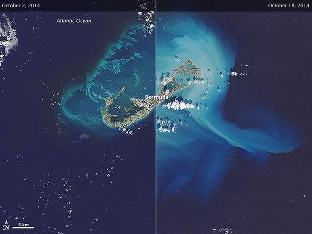 バミューダ海域を襲った嵐

　2014年10月にハリケーンがバミューダを襲ったとき、LandSat 8はハリケーン前後の島と周辺海域を撮影した。左右に分割されたこの画像は、左側がハリケーン「ゴンザーロ」襲来前のバミューダで、右半分は襲来の翌日に撮影されたものだ。右側の画像には、嵐に吹き飛ばされて宙を舞う堆積物が写っている。
