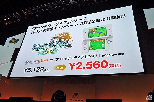 　ファンタジーライフシリーズの100万本突破キャンペーンとして、ニンテンドー3DS用ソフト「ファンタジーライフ LINK!」のダウンロード版を約半額で配信するキャンペーンを期間限定で行う。