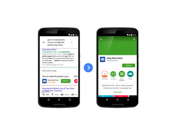 「Android」端末でのグーグル検索、検索語と関連するアプリのリンクを表示