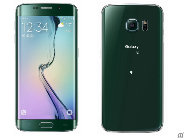 「Galaxy S6 edge」。本体カラーも最多となる4色をラインアップ。他キャリアにないカラーはグリーンエメラルド