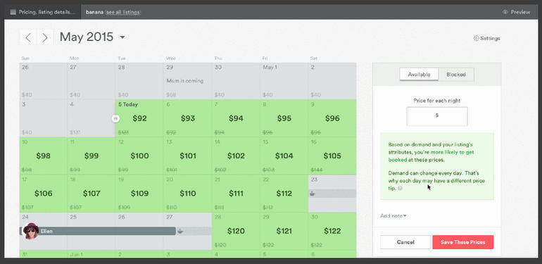 色分けされたカレンダーで推奨価格を表示するAirbnbのPrice Tipsツール