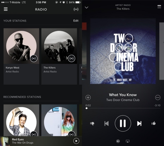 Spotify Radioは、アーティスト、楽曲、アルバム、またはプレイリストに基づいて音楽を再生する。