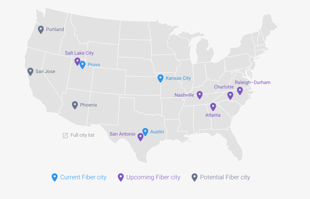 Alphabet傘下のFiber

　同じくAlphabet傘下となるFiberは現在、米国の9つの都市で1000Mbpsのインターネット接続を提供している。
