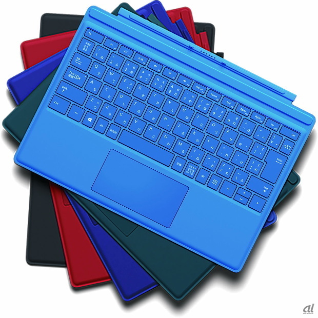　Surface Pro 4 タイプカバー（1万6400円）は5色展開に。新色のティール グリーンを加えた5色（ブラック、ブルー、シアン、レッド、ティール グリーン）で展開する。なお、Surface Pro 3でも利用可能だ。