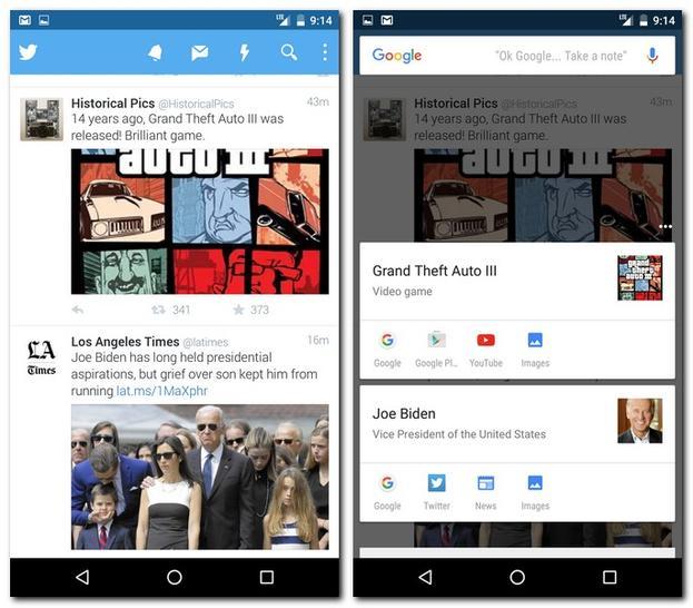 Google Now on Tapは、画面の情報をスキャンし、関連性のあるGoogle検索結果を表示する。どのアプリでも機能する。