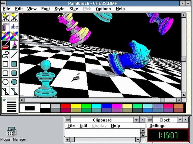 　「Windows 3.0」では、バックグラウンドを変更して、パターンやビットマップ画像を表示できた。新しい「Paintbrush」はBMPおよびPCXファイルをサポートしていた。