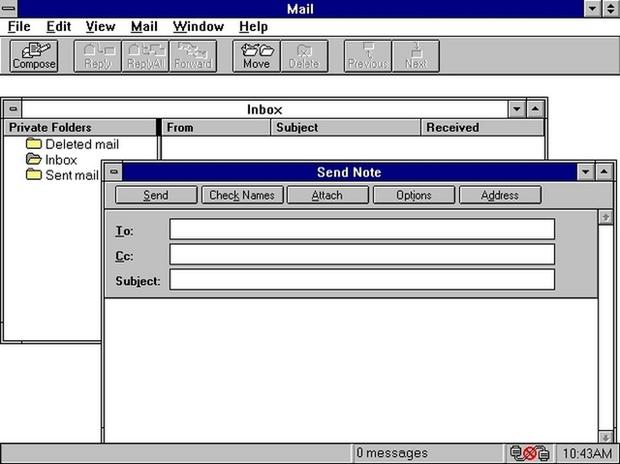 　「Windows For Workgroups」には「Microsoft Mail」が搭載され、ネットワーク上の他のユーザーに「PostOffice」（ファイルデータベース）を介してメールを送信できた。