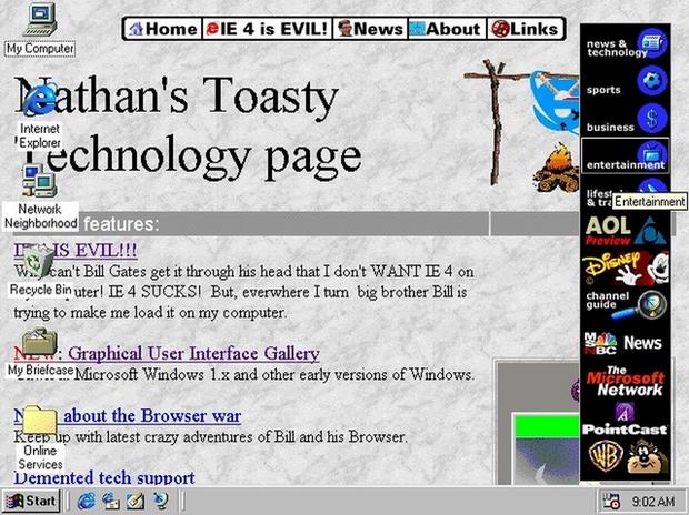 　「Windows 98」のデスクトップでは、ウェブサイトをクリック可能なリンク付きで埋め込むことができた。