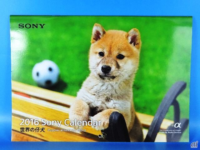 　ソニーの壁掛けカレンダー。同社の一眼レフカメラ「α」で撮影された写真が用いられており、今年は「世界の仔犬」がテーマになっています。