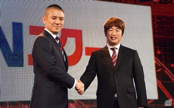 カドカワの代表取締役社長である川上量生氏（右）、SAPIX YOZEMI GROUPの共同代表である高宮敏郎氏