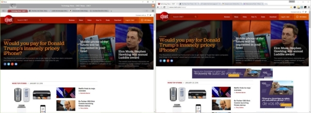 GoogleのChromeブラウザ（右）で表示されている広告を取り除いているBraveのブラウザ（左）。Braveは、広告主と共有される限定された個人データに基づいて広告を表示することを将来的には計画している。