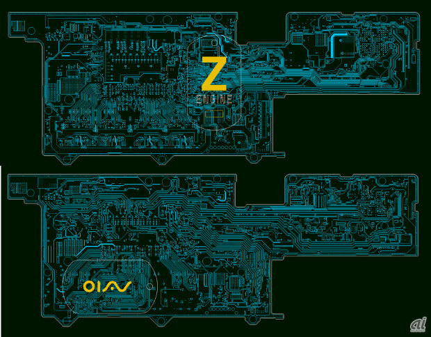 　VAIO Zで実際に使用された回路パターンの一部をアクセサリチャームにしている。VAIO Zの基盤設計者がもっとも美しいエリアを選び抜き、デザインとして採用した基盤レイアウトだ。