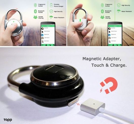 TappLock（上左）とTappLock Lite（上右）。TappLockのモバイルバッテリ機能（下）（出典：Indiegogo）