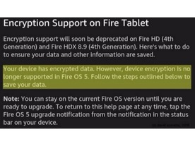 アマゾン、「Fire OS 5」で端末暗号化サポートを廃止