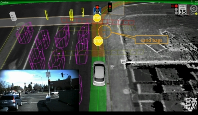 Googleの自動運転車が市営バスとの衝突前にセンサを通して「見ていた」ものを示している図