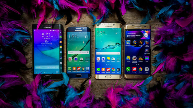 　左から右に、「Galaxy Note Edge」「Galaxy S6 edge」「Galaxy S6 edge+」、Galaxy S7 edge。
