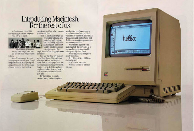 1984年1月 - 「Macintosh」コンピュータ

　Appleは1984年、Macintoshを発表して世界中の注目を集めた。Macintoshの発表イベントは、カリフォルニア州クパチーノのフリントセンターで開催され、その少し前には、Ridley Scott監督によるCMがスーパーボウルで放映された。Macは、コマンドラインではなくアイコンを利用する「グラフィカルユーザーインターフェース」を採用した初のコンピュータではない。その名誉が与えられるのは、「Xerox Star」だ。それでも、Macはパーソナルコンピュータ業界全体に影響を与え、より直感的なソフトウェアの採用を促すことになった。

