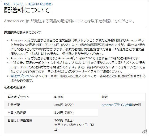 「Amazon.co.jp」の配送料を改定