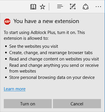 Edgeの拡張機能「Adblock Plus」をインストールした際のメッセージ
