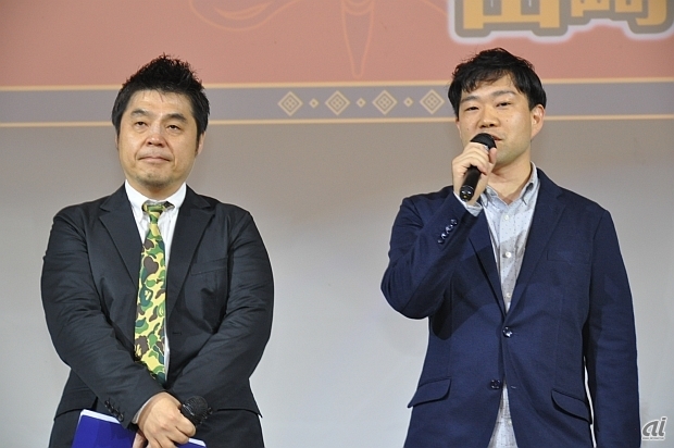 　完成披露会に登壇した「逆転裁判6」プロデューサーの江城元秀氏（左）と、ディレクターの山崎剛氏（右）。