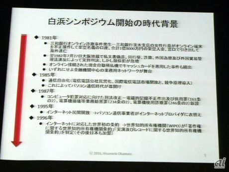 岡村久道弁護士は過去20年間に起きたサイバー犯罪事件と法整備を駆け足で解説した