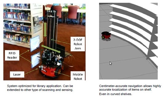 
図書館用に構成されたロボット（左）、曲がった本棚にも対応（右）（出典：I2R）
