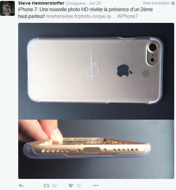 iPhone 7のものとされる筐体の写真では、底部のデュアルスピーカやカメラ用の大きな穴が写されている。