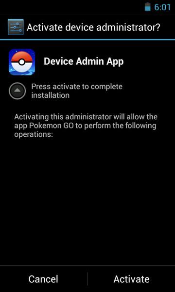 ニセ「Pokemon GO」がインストール時に表示するデバイス管理者権限の要求画面例