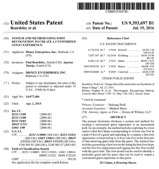 登録されたDisney Enterprisesの特許（出典：USPTO）