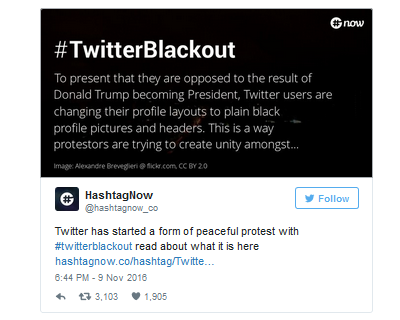 Twitter上のユーザーは、自分のアバターの背景を黒に変更することによって、Trump氏の勝利に抗議