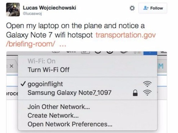 「Galaxy Note7」というWi-Fiスポット名に機内が騒然となる事態が発生