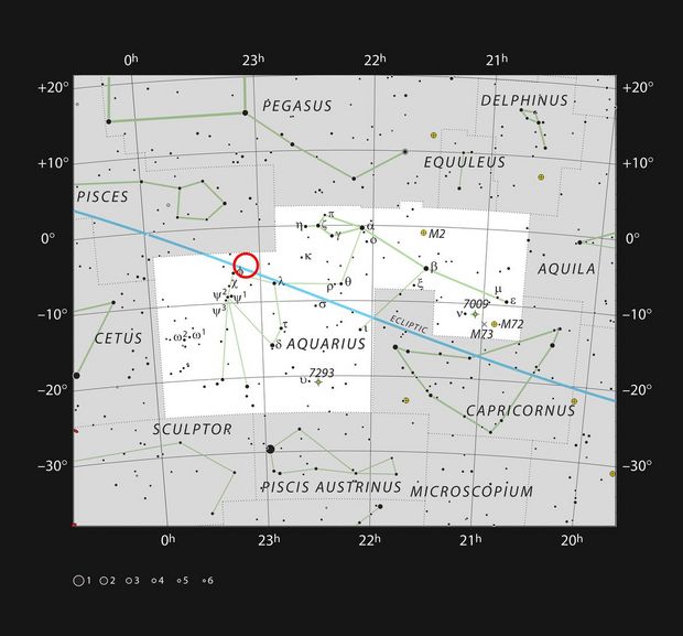 　TRAPPIST-1は水瓶座の方向にある。この超低温の赤色矮星は小型の望遠鏡では暗すぎて視認できないが、ハッブル宇宙望遠鏡のような高性能の望遠鏡を使うことをもし許されたなら、この恒星地図を見て、望遠鏡をどこに向ければ魅力的なTRAPPIST-1系を発見できるのか確認しよう。