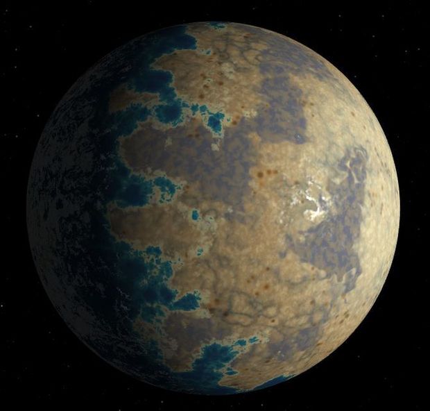 　アーティストがTRAPPIST-1dを描いた作品を近接撮影した。TRAPPIST-1dの表面には水が存在する可能性もある。