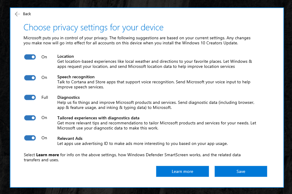 Windows 10のCreators Updateをインストールすると表示されるようになる画面