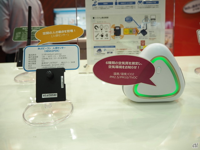 　人感センサ（左）と、6種類の空気質を測定できる「Air Mentro Pro（右）」。