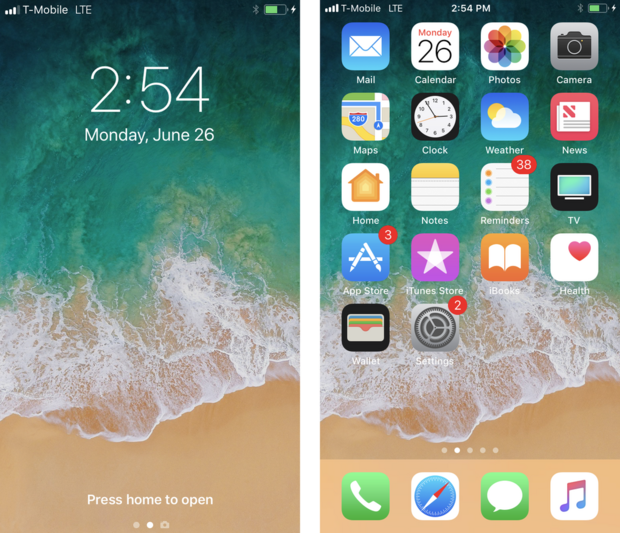 「iOS 11」の第一印象

　左は新しいロック画面で、右は新しいホーム画面だ。いくつかのアイコンに変更が施されているが、ユーザーインターフェースは過去の「iOS」バージョンとおおむね同じである。