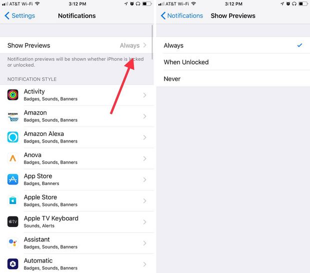 通知設定を一元化

　それぞれのアプリの通知設定から個別にプライバシー設定をしなければならなかった代わりに、iOS 11ではメッセージのプレビューをアプリ共通で設定できる。

　「設定」→「通知」→「Show Previews（プレビューを表示）」を開く。すべてのアプリに関するデフォルト設定を選択できる。