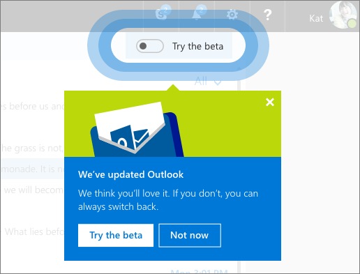 Outlook.comの受信トレイの右上にある「Try the beta」（ベータを試す）のトグル