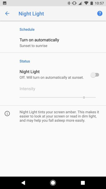 「Night Light」（読書灯）スライダ

　Androidの「Night Light」（読書灯）モードの使用時に、ブルーライトフィルタの強度を調節することができる。