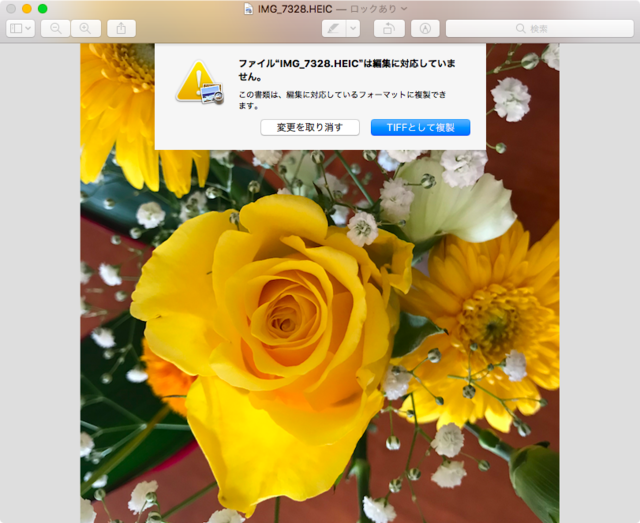 　macOS標準の画像ビューア「プレビュー」でもHEIFを表示できるが、編集する場合はTIFFに変換してからの処理となる。