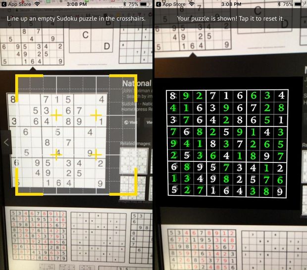 「Magic Sudoku」

　スマートフォンやタブレットをかざすだけで、数独パズルを一瞬で解決できるとしたらどうだろうか。

　Magic Sudokuはそれを実現する。しかし、われわれが試したところ、うまく機能しないこともあった。われわれはいくつかのパズルをプリントアウトしたり、コンピュータ画面に表示されたほかのパズルにデバイスを向けたりしたが、数独パズルが解かれることより、スキャンミスの方がはるかに多かった。価格は120円（税込）。