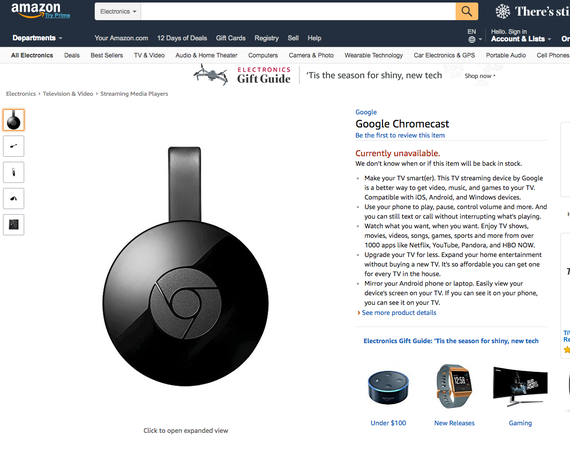 Amazonの米国向けウェブサイトに掲載されたGoogle Chromecast