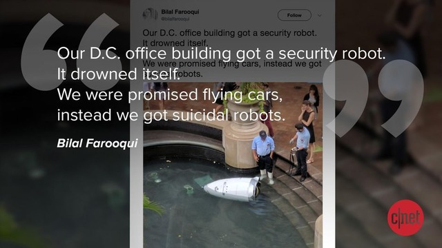 「D.C.のオフィスビルにセキュリティロボットがやって来た。でも自分から水に溺れてしまった。空飛ぶ車が実現すると聞いていたのに、手に入ったのは自殺願望のあるロボットだ」（Bilal Farooquiさん）

　最後に、2017年のテクノロジの波瀾万丈を示すようなツイートを1つ。ワシントンにあるオフィスビルをパトロールしていた巡回用セキュリティロボットが、道を外れて噴水に身を突っ込んだ状態で発見されたとき、世界は悲しみに包まれた。オフィスで働くFarooquiさんはみんなの気持ちを代弁するかのようなツイートを残した。ロボットが示す未来のビジョンは、必ずしも完璧ではない（空飛ぶ車も同じく）、ということだ。
