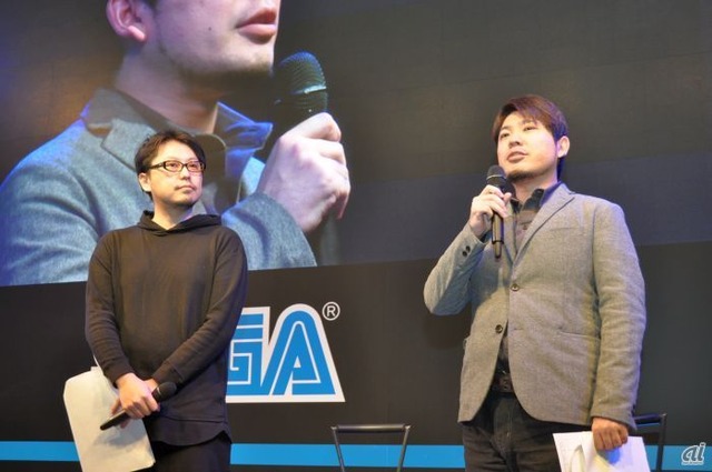 　ステージイベントでは、FGO PROJECT クリエイティブディレクターの塩川洋介氏（左）と、Fate/Grand Order Arcadeディレクターの伊神公博氏（右）が登壇。