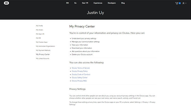 Oculus My Privacy Center