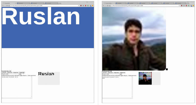 研究者らは、iframe内の要素からFacebookのユーザー名（左）とプロフィール画像（右）を読み取る様子を示した