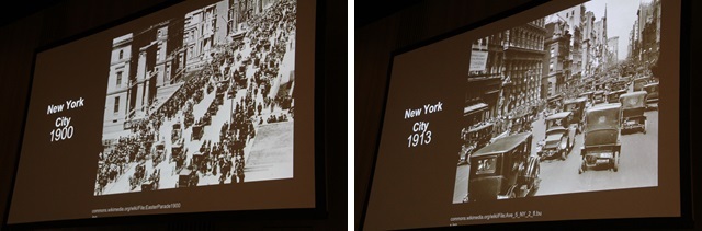 1900年と1913年のニューヨークを撮った写真。
13年の間で自動車が普及して道路の様子が一変しているのがわかる

