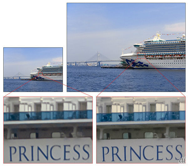 左から、従来（有効1200万画素）の画像IMX586（有効4800万画素）の画像